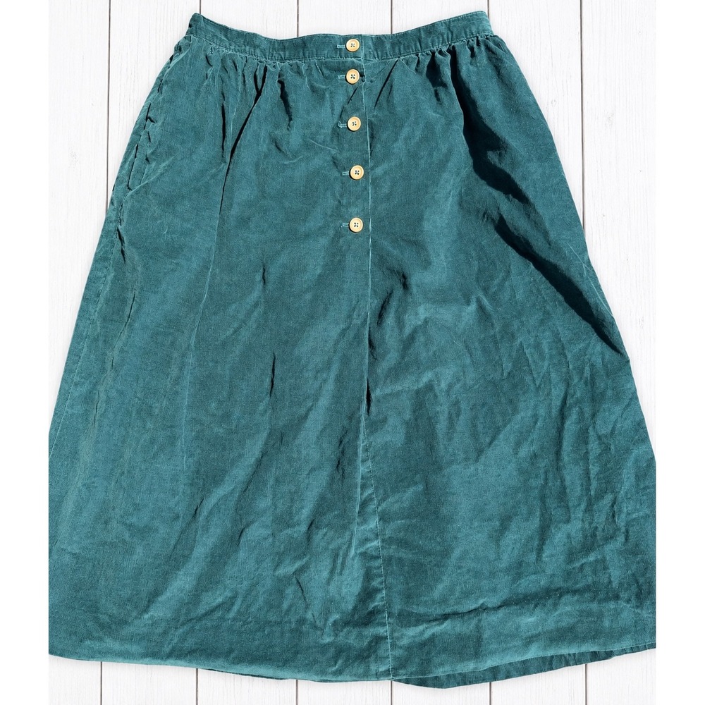 Vintage Lands End Midi Skirt Corduroy Button Front Pockets Cottagecore Size 16